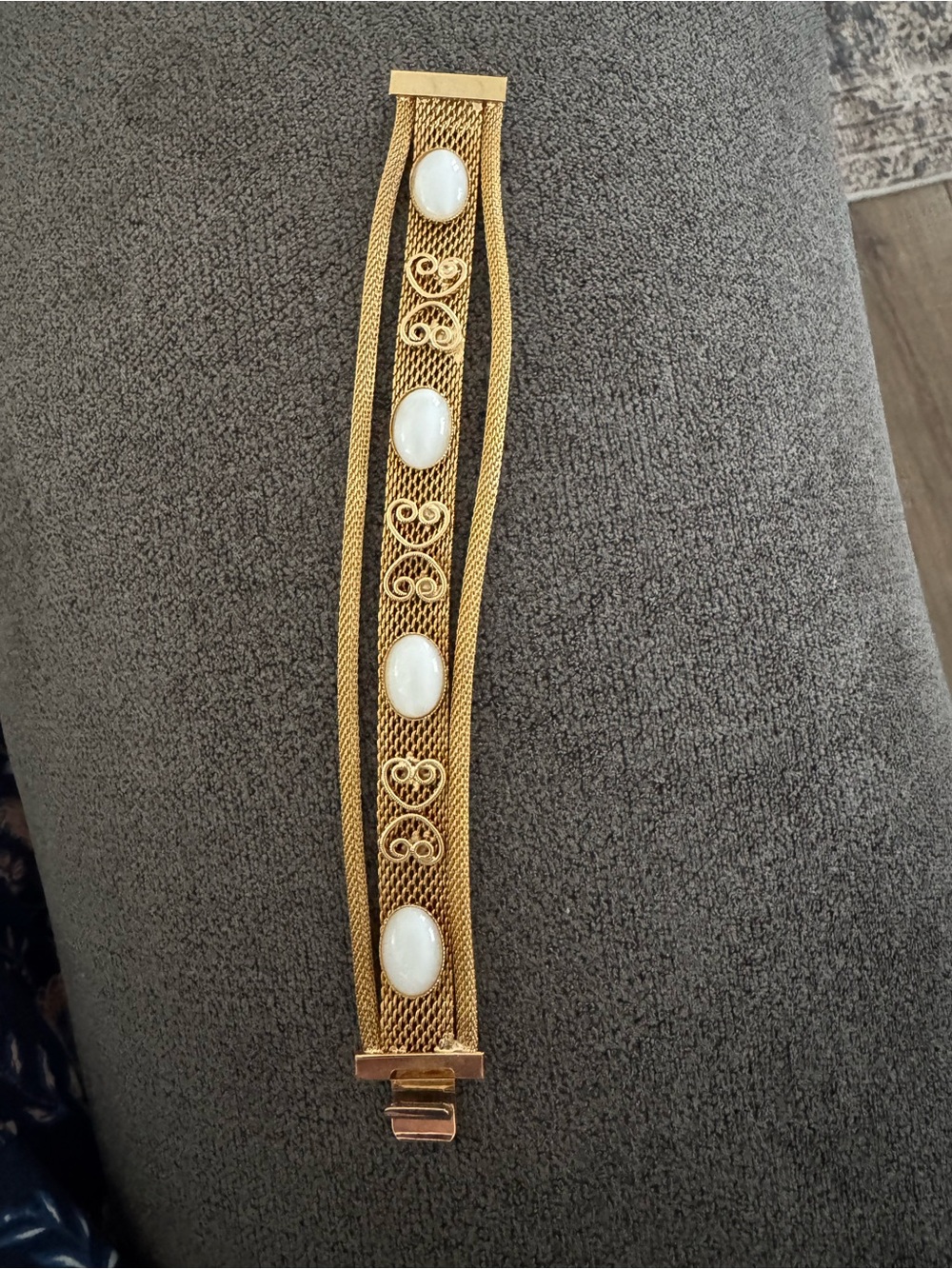 Gold-Tone Mesh Bracelet Watch Strap with White Cabochon Accents